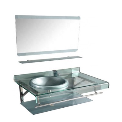 Tempered Glass Light Grey Wash Basin Stainless Steel Bathroom Sink Set